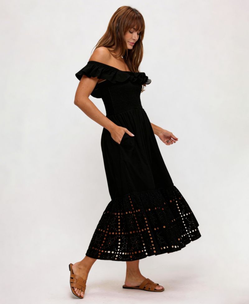 Women's Off-The-Shoulder Flounced Smocked Midi Dress
