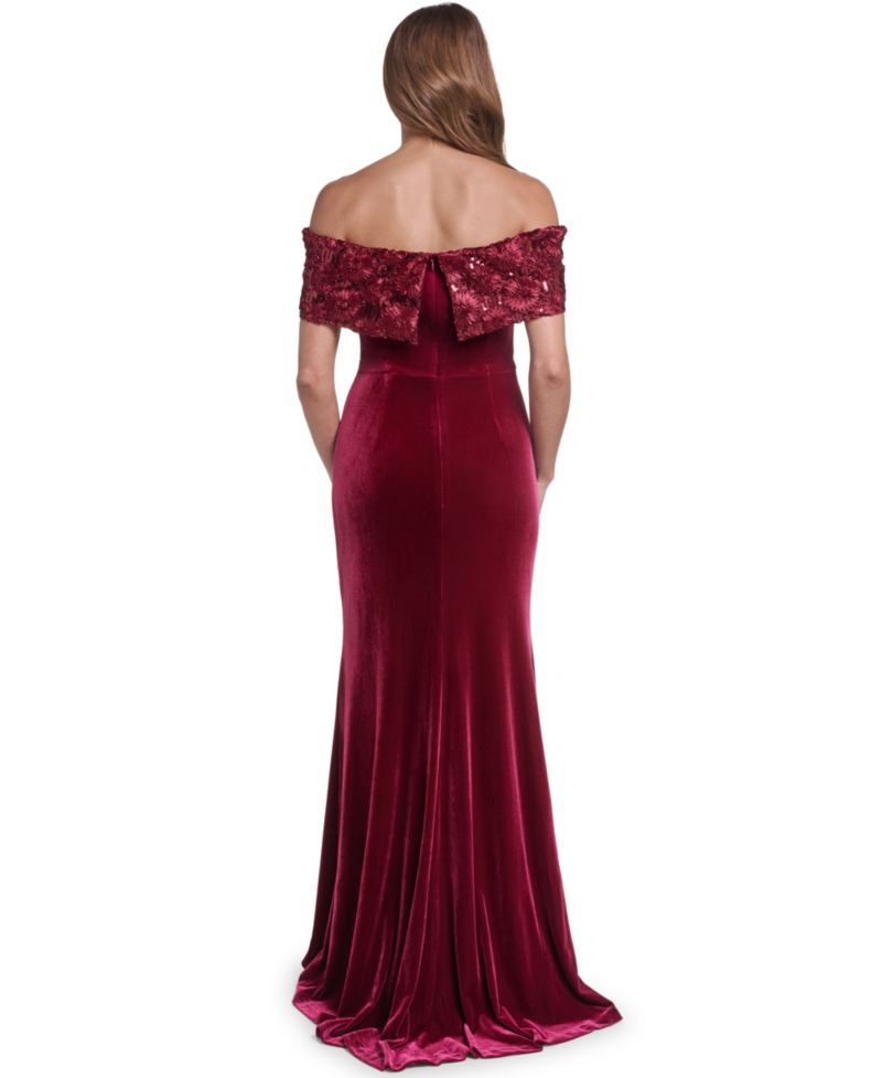 Women's Off the Shoulder Side Tuck Velvet Floral-Applique Sequin Gown