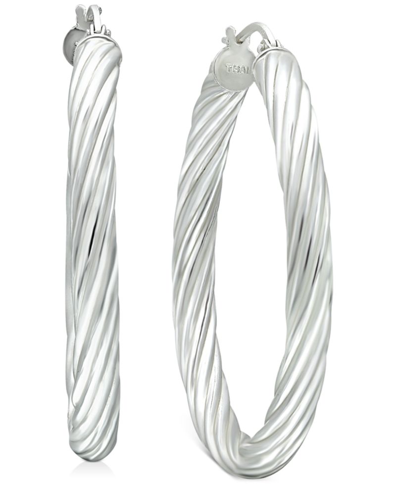 Medium Twisted Tube Hoop Earrings in Sterling Silver, 1.57"