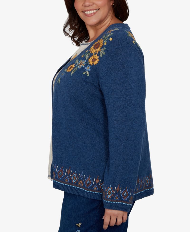 Plus Size V-Neck Long-Sleeve Floral-Embroidered Cotton-Blend Cardigan Sweater