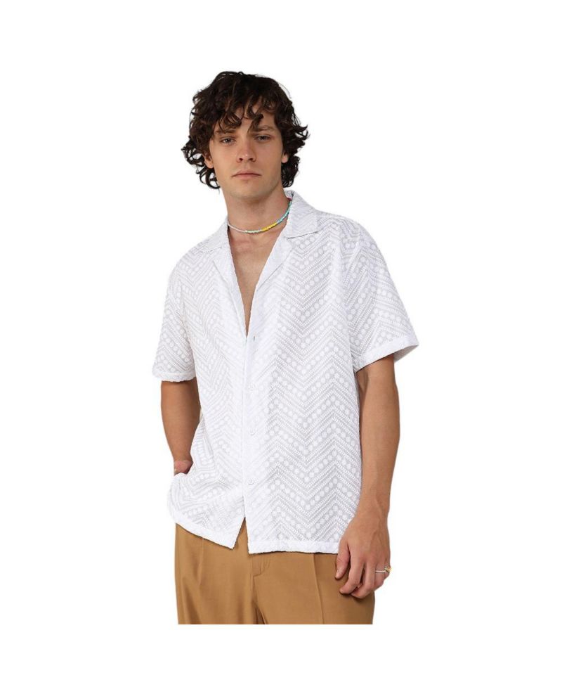 Men's Chalk White Embroidered Zig-Zag Shirt