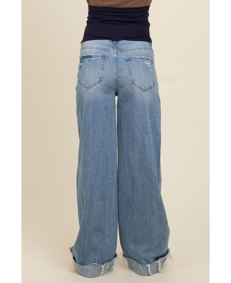 Women's Light Blue Cuffed Baggy Wide Leg Jeans