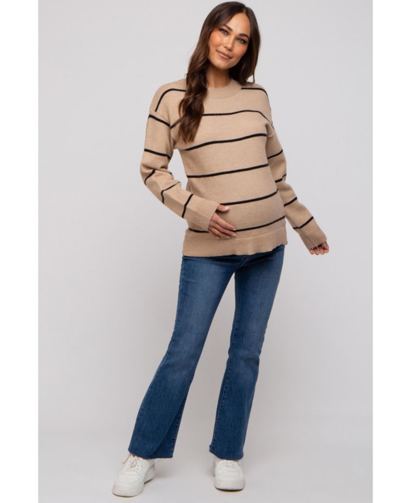 Maternity Mocha Striped Mock Neck Sweater