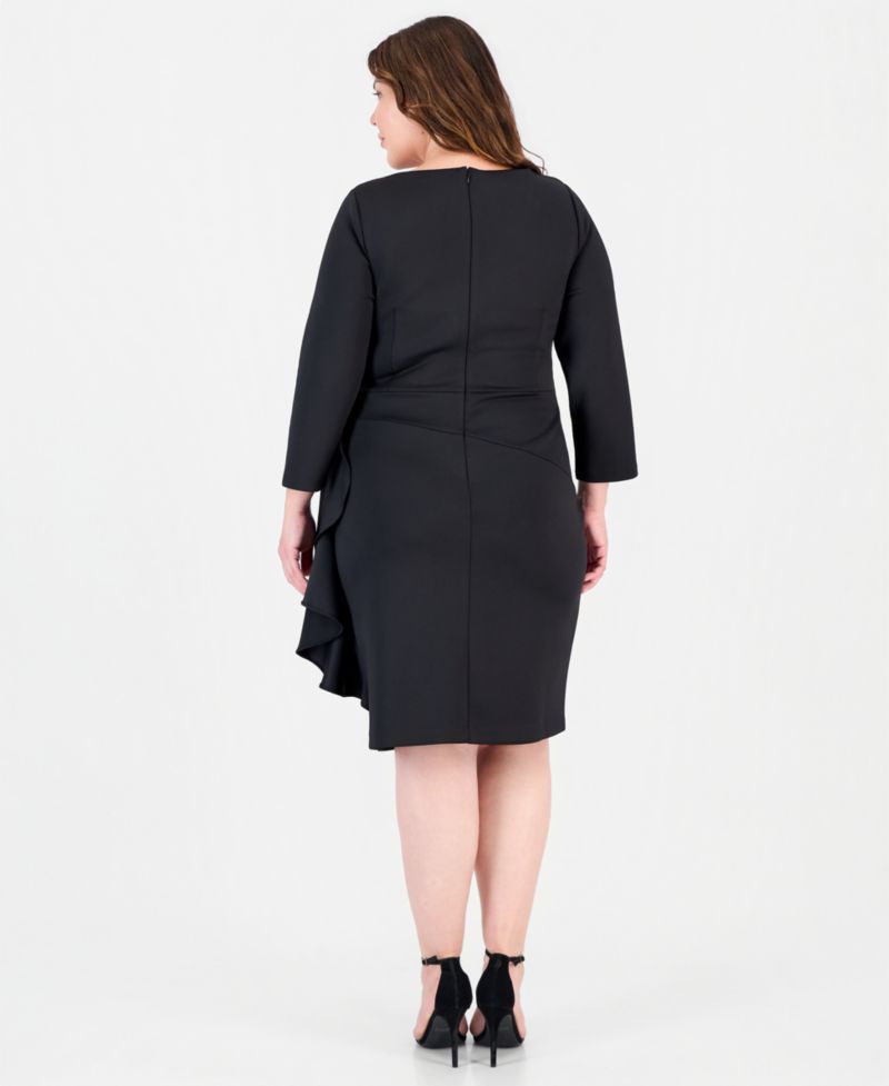 Petite Boat Neck Draped Cascading-Ruffle Sheath Dress