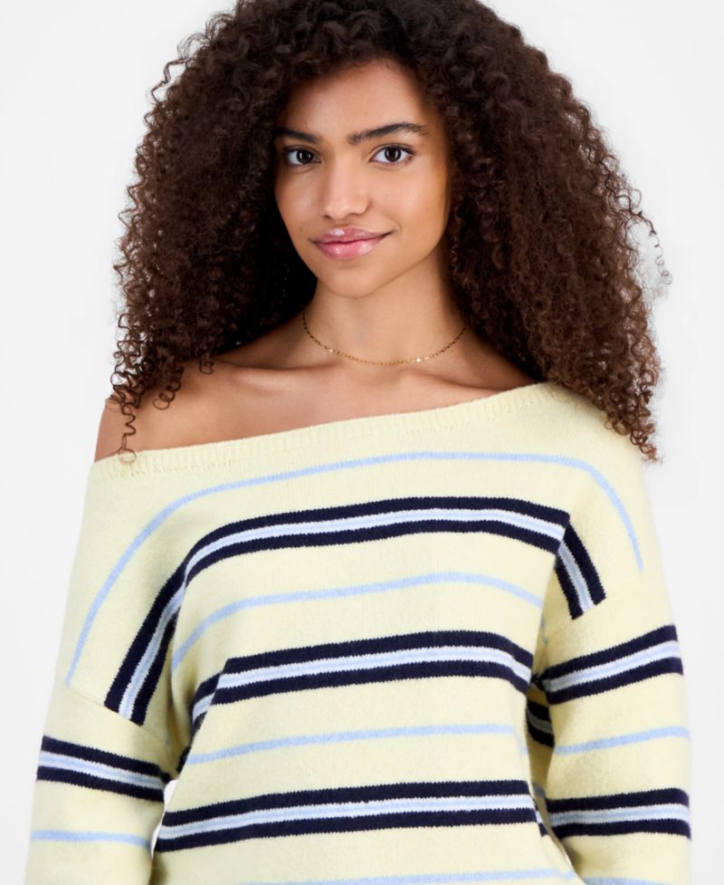 Juniors' Slouchy Off-The-Shoulder Striped Sweater