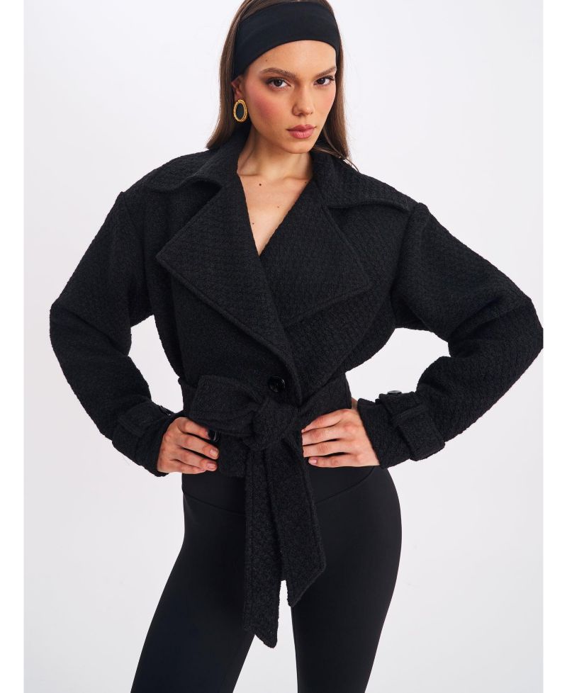 Women's Dara Black Wool Blend Cropped Double-Breasted Belted Coat