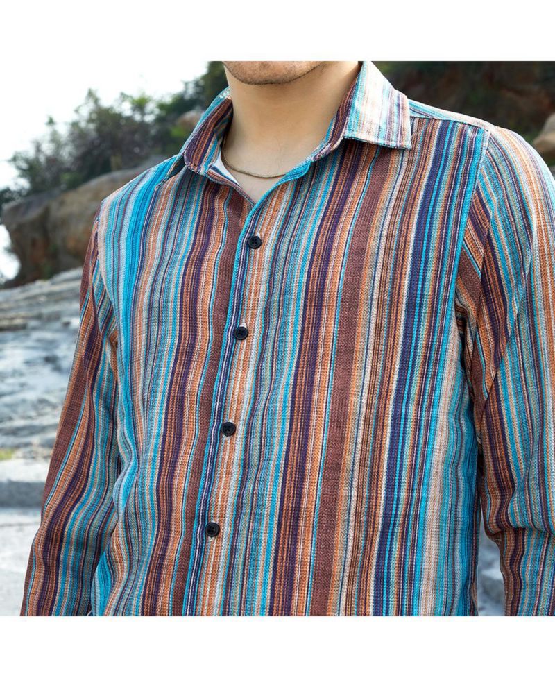 Men's Azure Blue & Chocolate Brown Multitrack-Striped Shirt