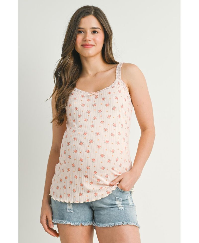 Maternity Ribbed Floral Lace Trim Cami Tank Top