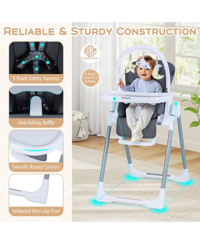 Foldable Baby High Chair with Adjustable Height and Reclining Seat