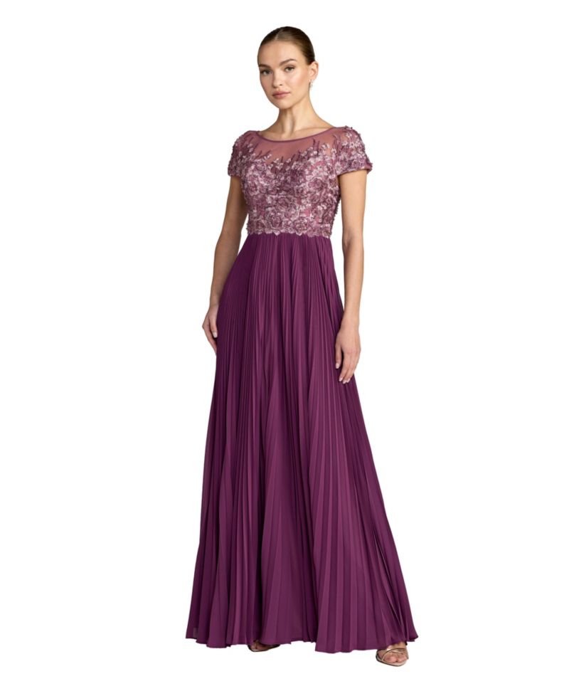Petite Embroidered Cap Sleeve High Neck Pleated Gown