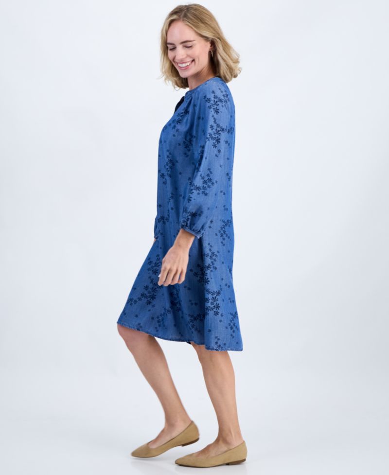Petite Printed Chambray V-Neck Popover Dress