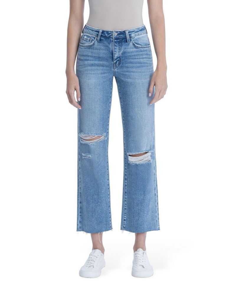 Women's High Rise Raw Hem Crop Slim Wide Leg Jeans
