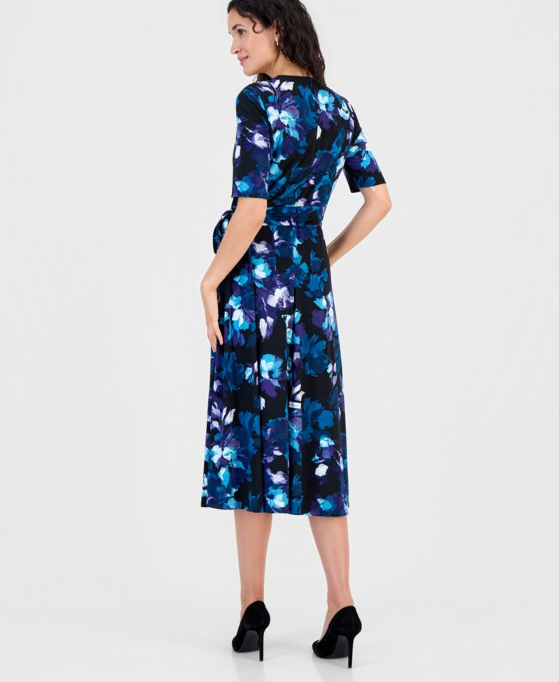Women's Elbow-Sleeve Wrap-Front Fit & Flare Dress