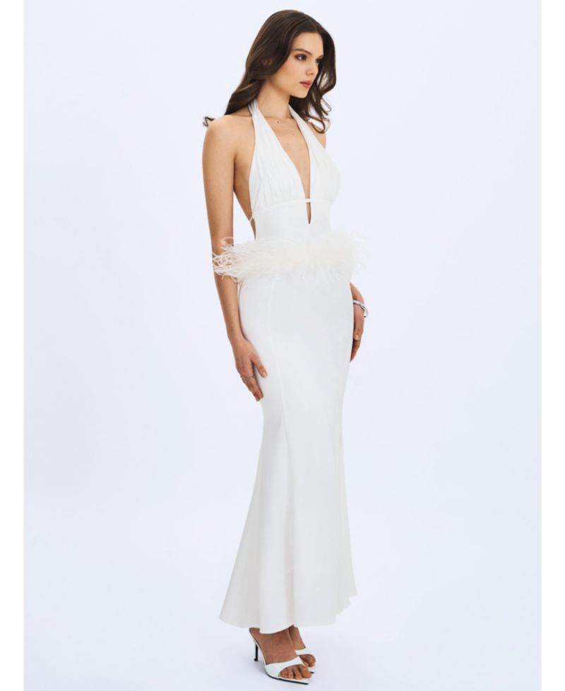Women Solene Pleated Halter Backless Feather-Trim Maxi Dress