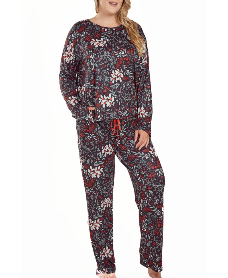 Plus Size Ultra Soft Floral Print Top and Pant Pajama Set