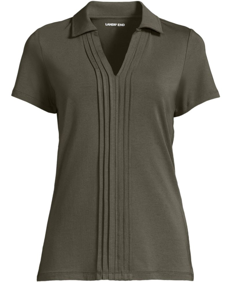 Women's Short Sleeve Lightweight Jersey Pintuck Open Collar Polo Top