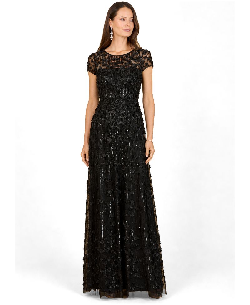 Women's 3D Floral Embellished Cap Sleeve Gown