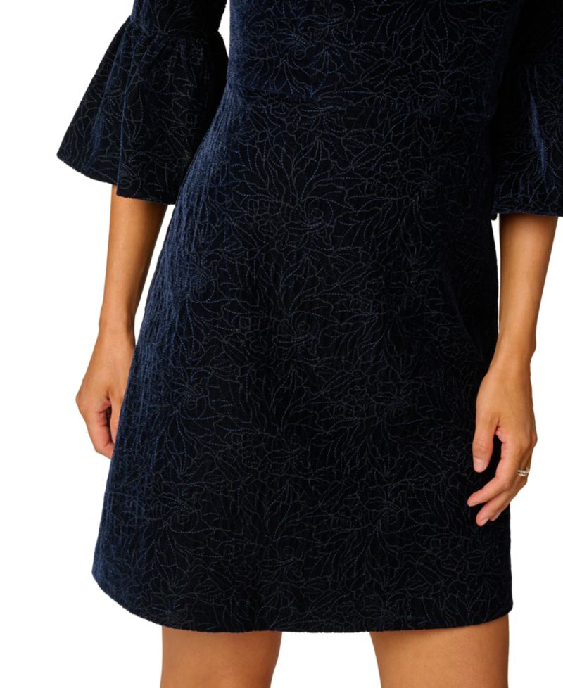 Women's Floral-Print Bell-Sleeve Velvet Dress