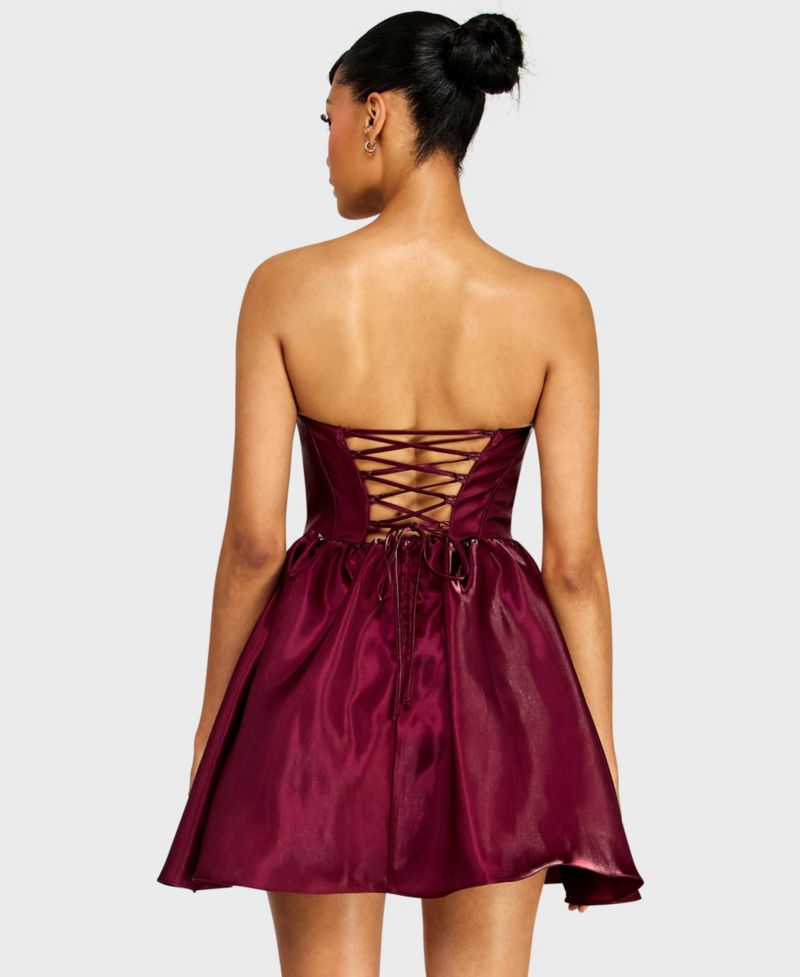 Juniors' Strapless Corset Bodice Dress with Draped Jewels at Top Trim
