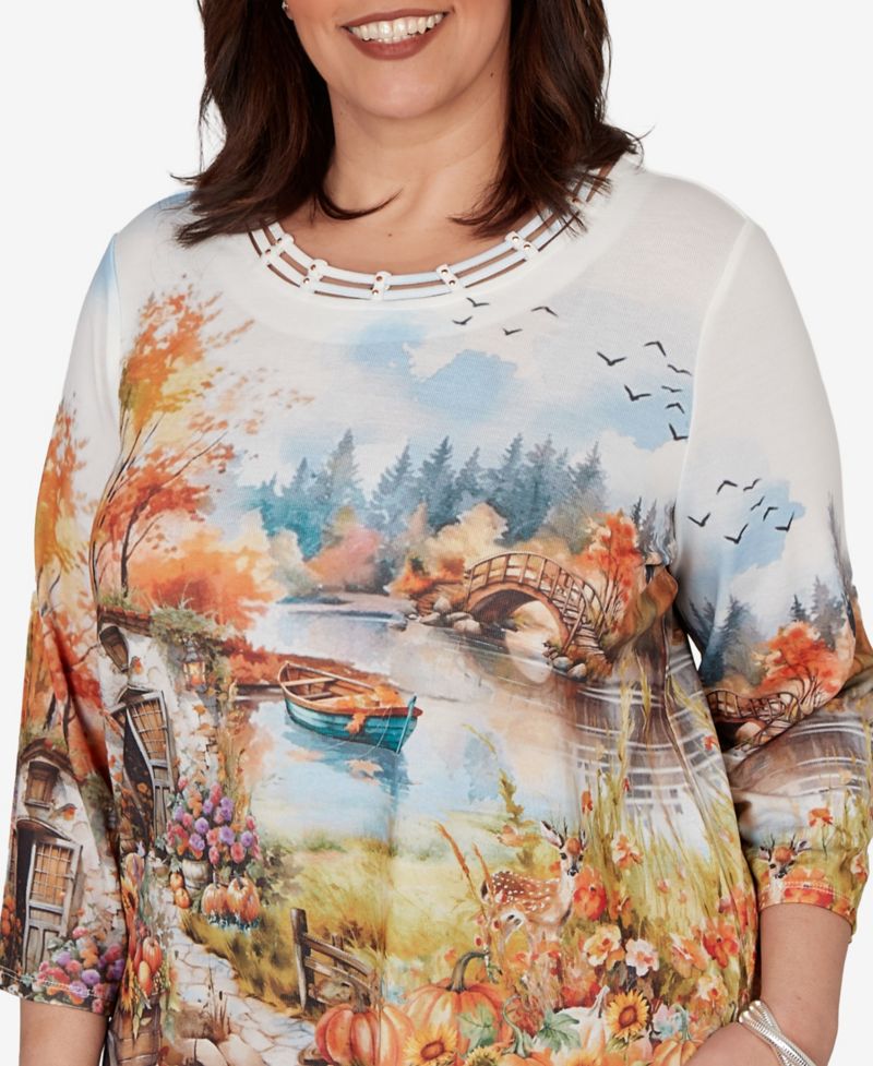 Plus Size Autumn Lake Scenic Print Top