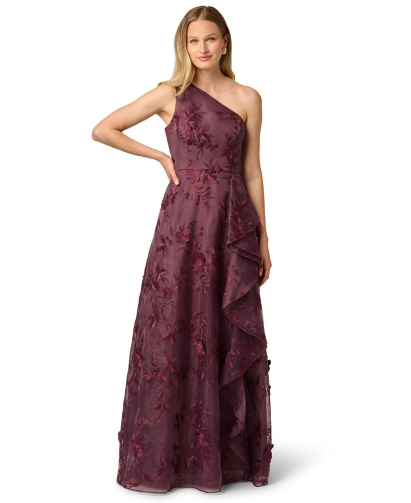 Women's Petite One-Shoulder Floral-Embroidered Ruffle Gown