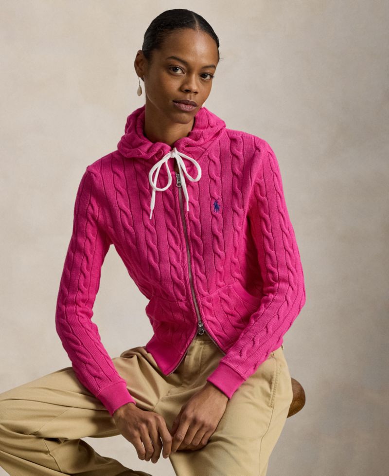Women's Cable-Knit Cotton Full-Zip Hoodie Sweater