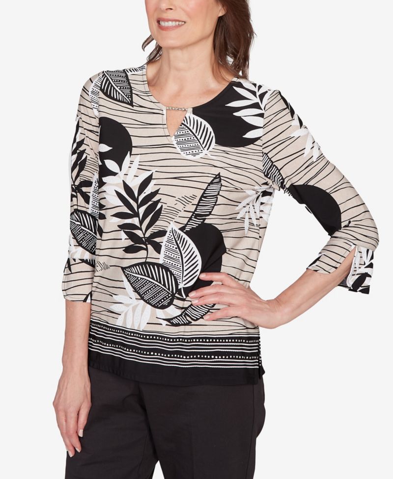 Women's Classic Tropical Leaf Border Print Split Neck Top