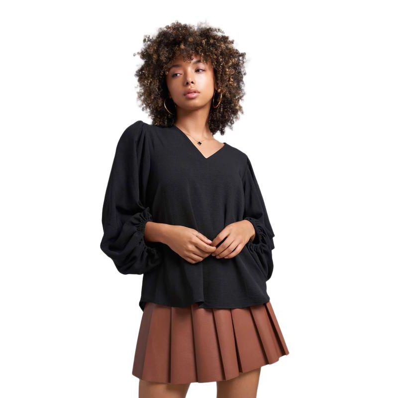 Women's Salem Oversized V-Neck Front Blouse with Balloon Sleeves and Elastic cuff