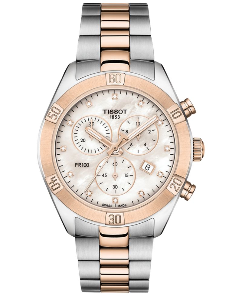 Women's Swiss Chronograph T-Classic PR 100 Diamond (1/20 ct. t.w.) Two-Tone PVD Stainless Steel Bracelet Watch 38mm