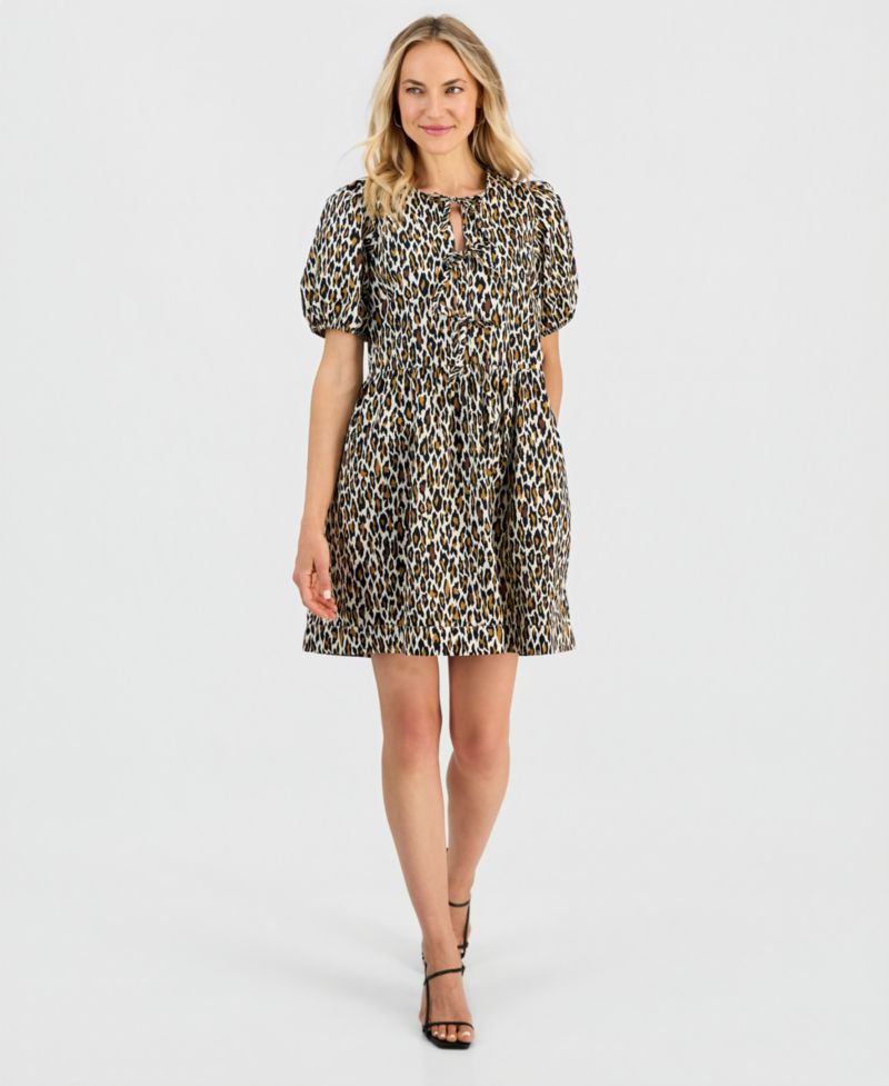 Women's Printed Puff-Sleeve Cotton Mini Dress