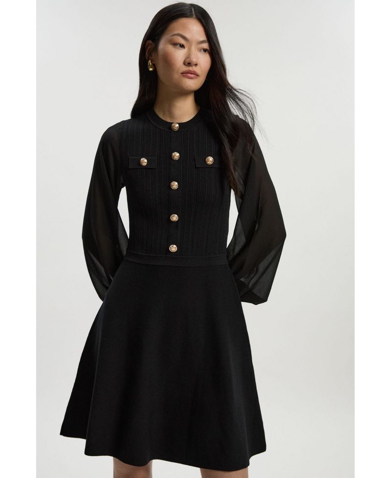 Women's Chiffon Sleeve Military Mini Knit Dress