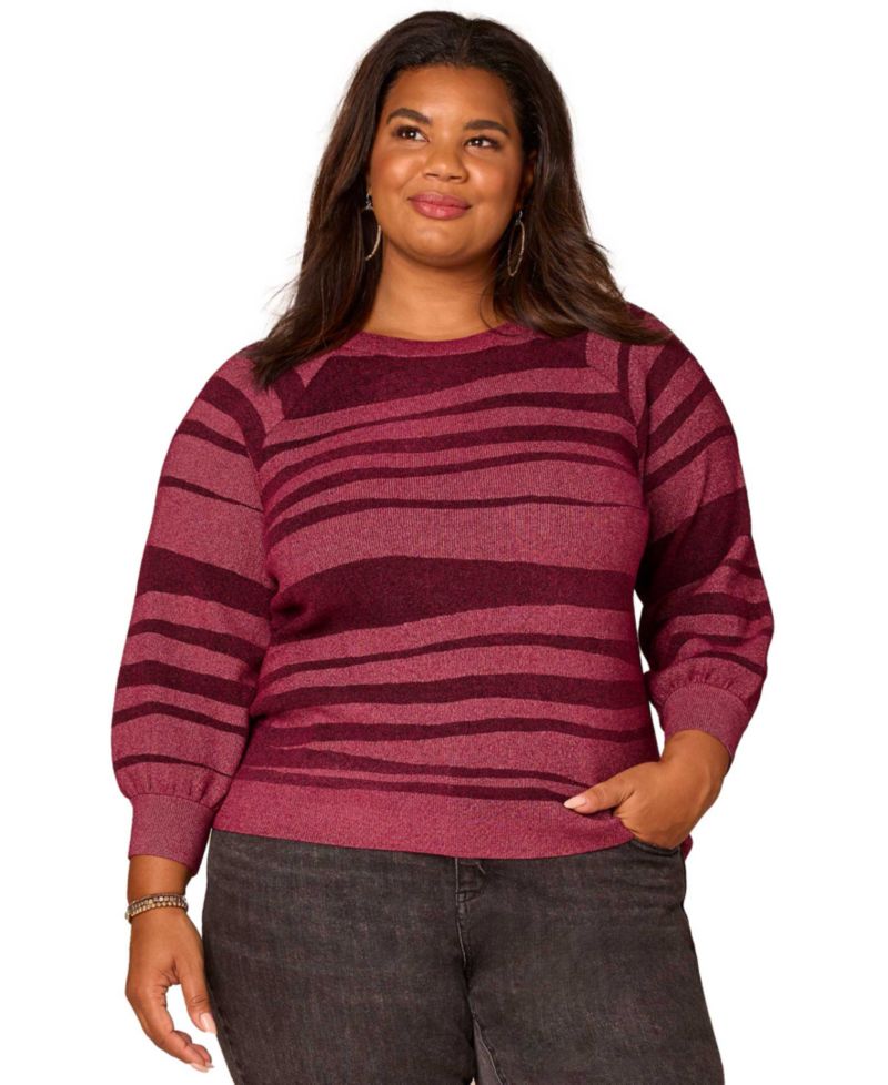Plus Size 3/4-Blouson Raglan Sleeve Stripe Sweater