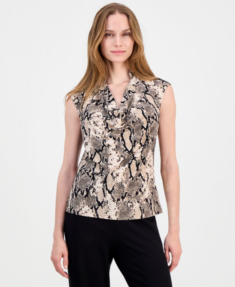 Petite Snake-Print Cowl Neck Sleeveless Knit Top