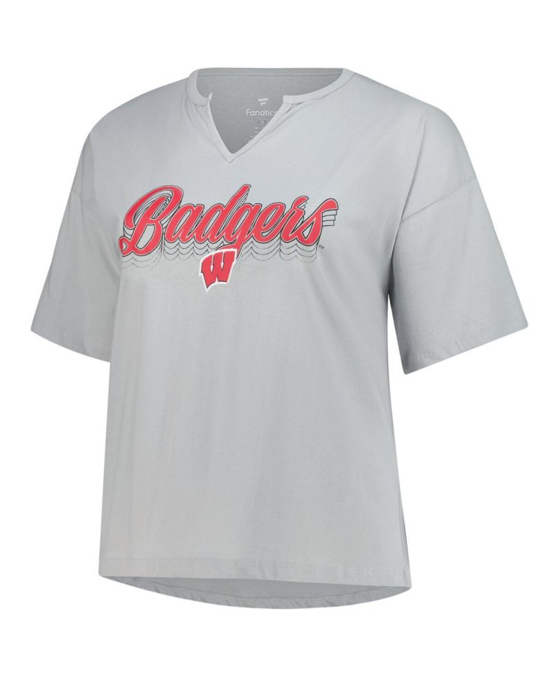 Women's Gray Wisconsin Badgers Plus Size Winning Gear Notch Neck T-Shirt