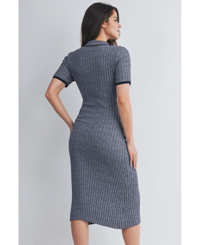 Women's Maternity Collared Ribbed Knit Midi Dress with Button-Front Nursing Access