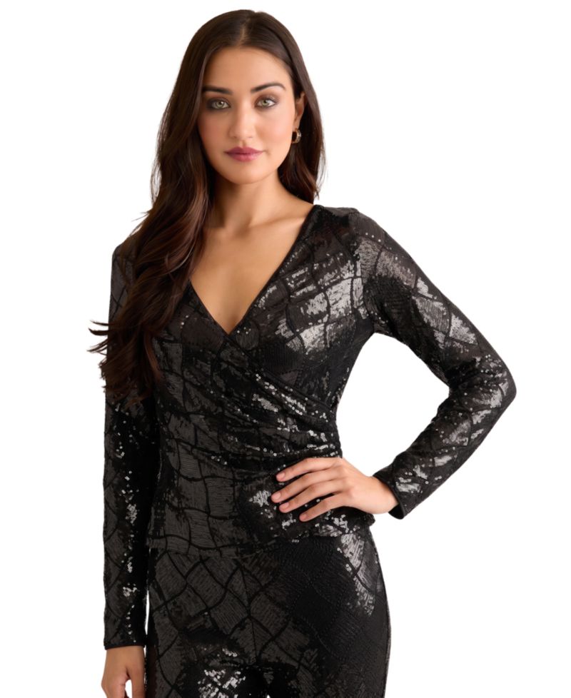 Women's Long-Sleeve Sequin Wrap Top
