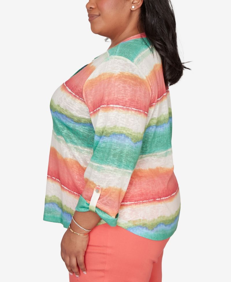Plus Size Resort Living Biadere Tie Dye Stripe Henley Top