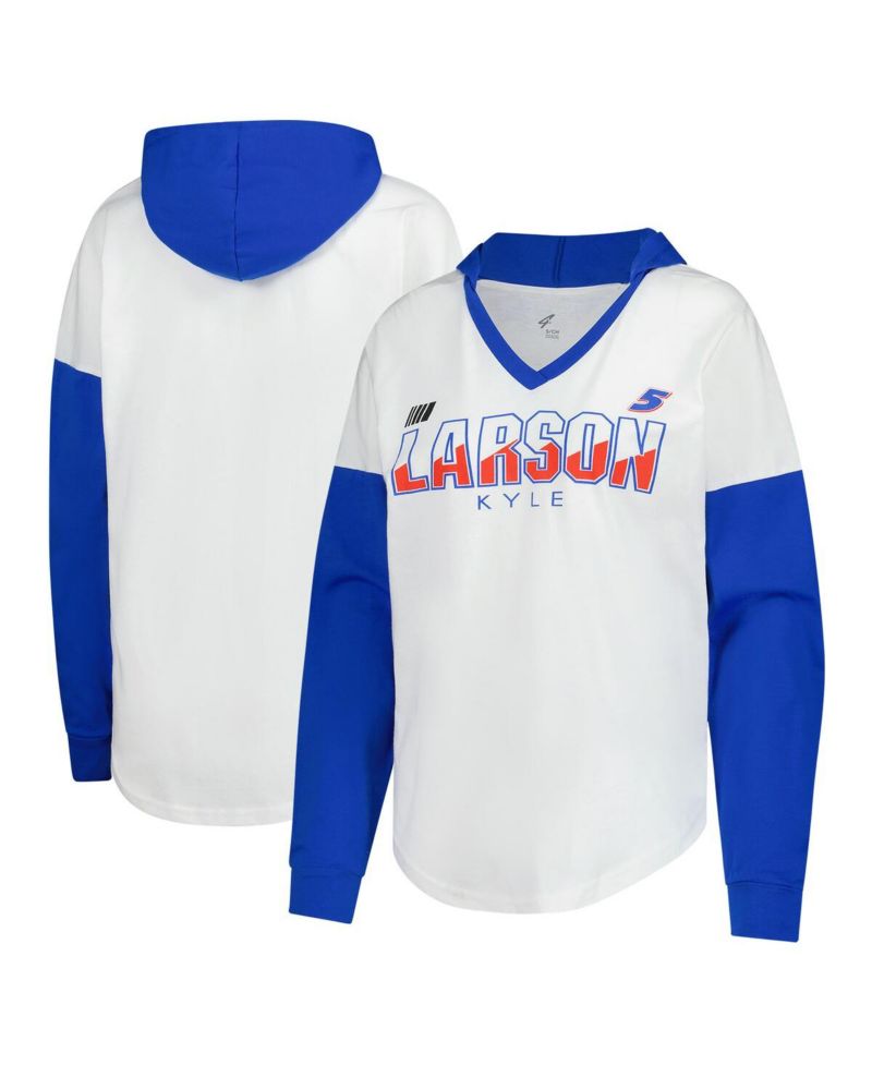 Women's White/Royal Kyle Larson Bench Player Oversized Long Sleeve Hoodie V-Neck T-Shirt