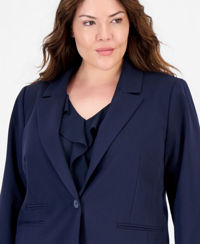 Plus Size One-Button Stripe Lining Shoulder-Padded Blazer