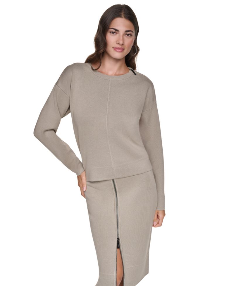 Women's Zip Shoulder Crewneck Long-Sleeve Sweater