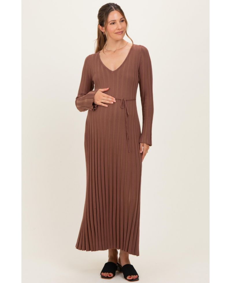 Women's Brown Ribbed Knit Maxi Dress