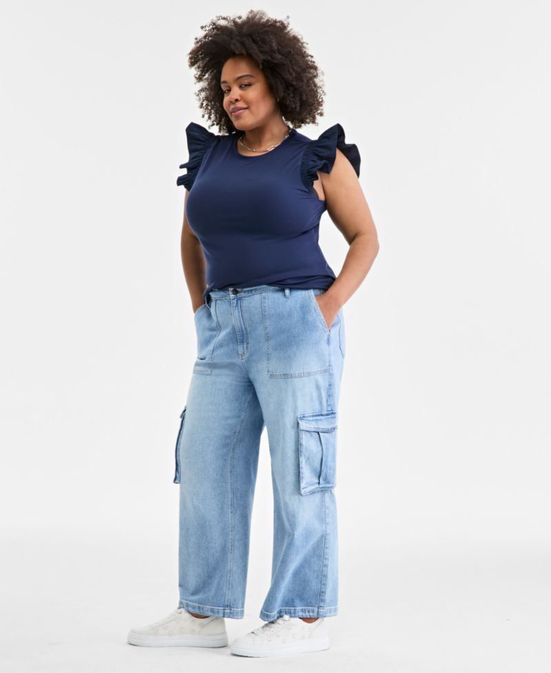 Women's Light Wash High Rise Utility Cargo Jeans