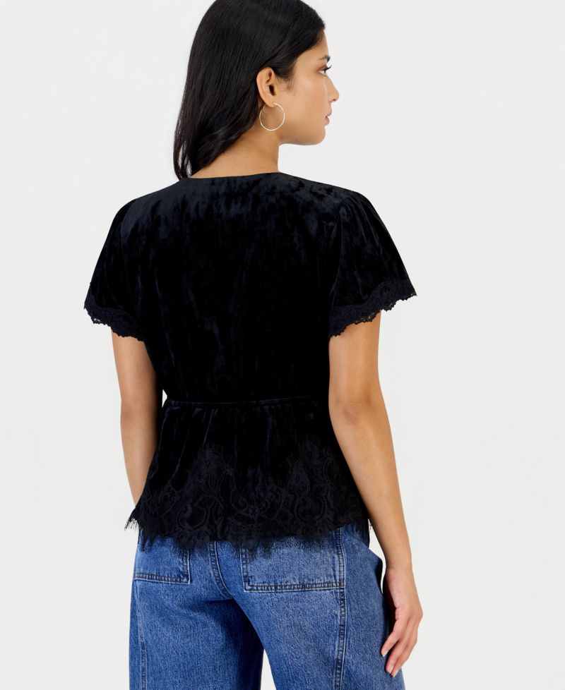 Petite Velvet Lace-Trim V-Neck Short-Sleeve Blouse