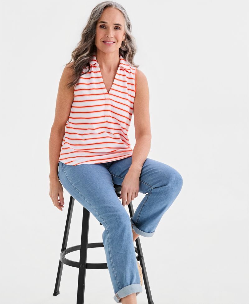 Women's Striped Johnny-Collar Sleeveless Top