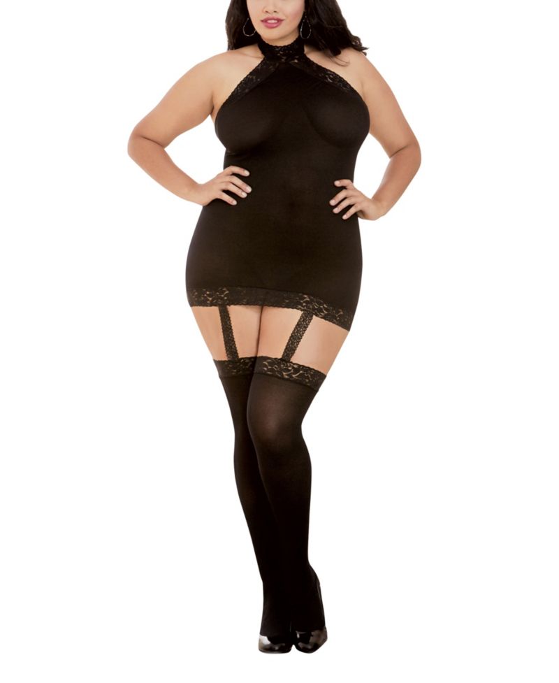 Women's Plus Size Sheer Halter Garter Dress with Attached Garters and Stockings Lingerie Set