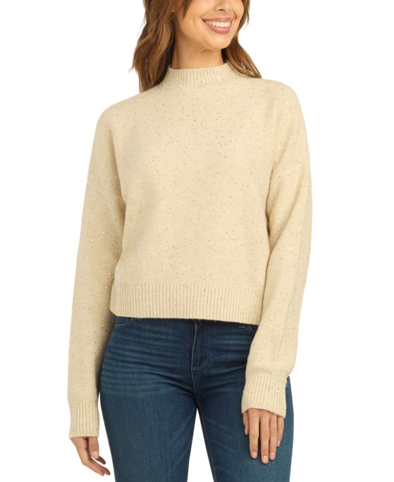 Juniors' Mock Neck Long-Sleeve Metallic Sweater