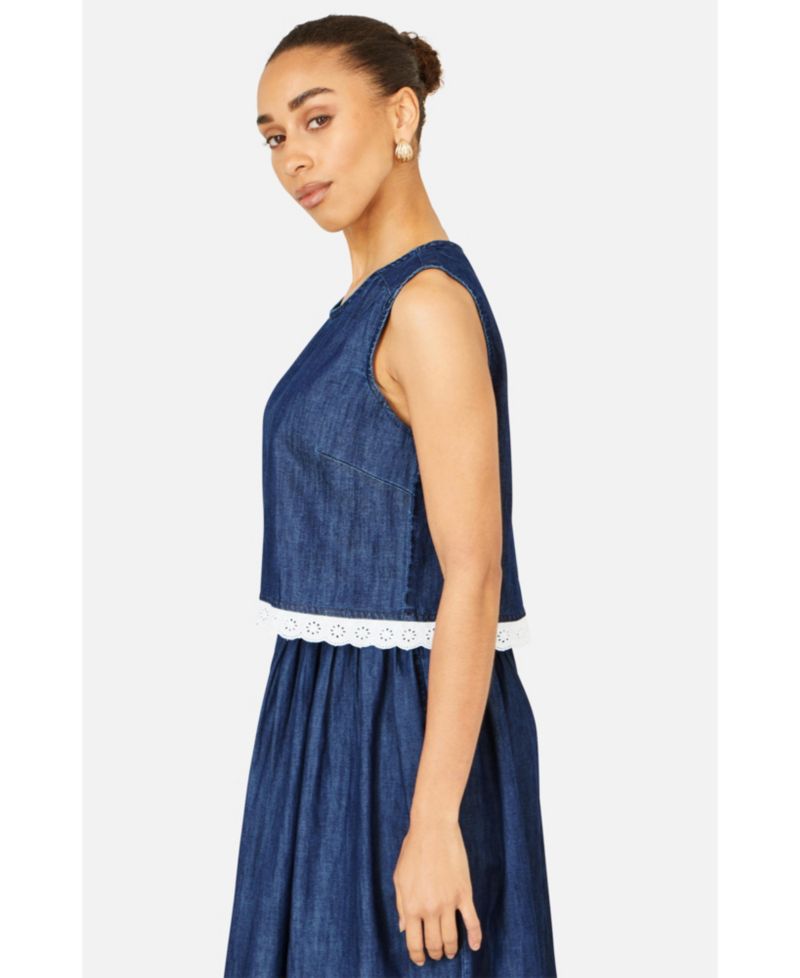 Women's Cotton Chambray Lace Trim Top