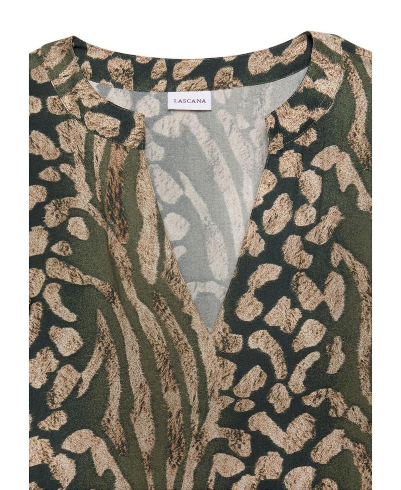 Women's Viscose Animal Print Tiered Ruffle-Trim Notch-Neck Short Dress