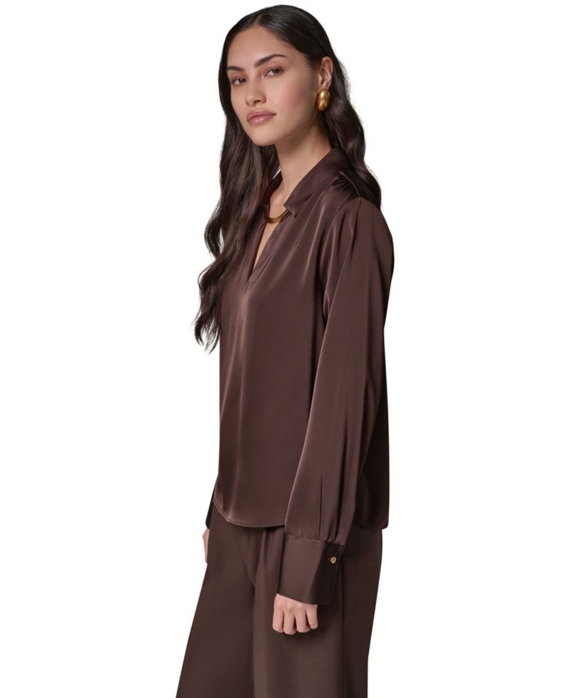 Women's Long-Sleeve Satin V-Neck Collared Blouse