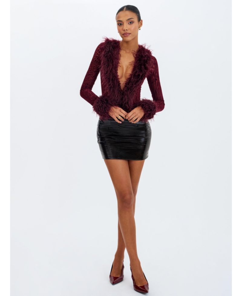 Women Valene Burgundy Burnout Velvet Fur-Trim Bodysuit
